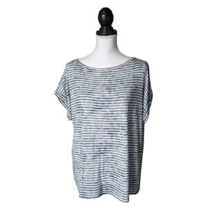 Majestic Filatures Blue White Striped Short Sleeve T Shirt Size 3 Medium Linen